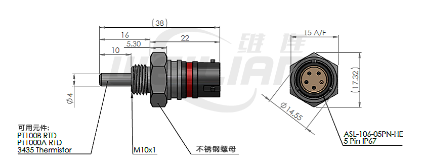 工業(yè)儀表機械設(shè)備pt100溫度傳感器 尺寸圖 威廉溫度傳感器